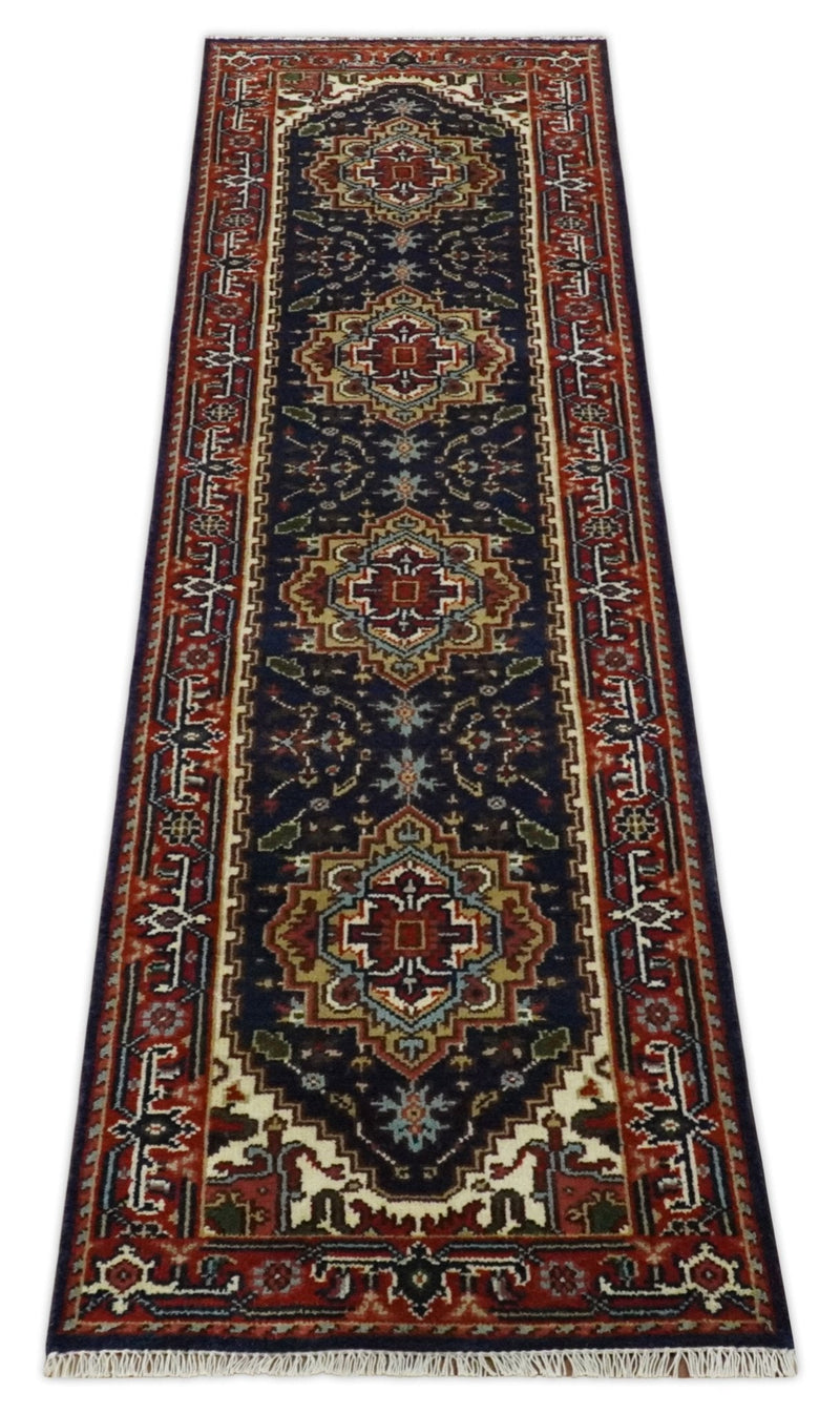 10 feet runner Hand knotted Mustard, Blue and Brown Traditional wool area rug