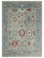 10x14 All Wool Traditional Silver and Blue Vibrant Colorful Hand knotted Oushak Area Rug