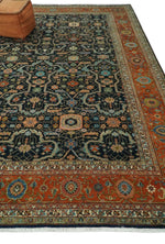 10x14 Fine Hand Knotted Blue and Rust Traditional Vintage Heriz Serapi Antique Wool Rug | TRDCP4811014