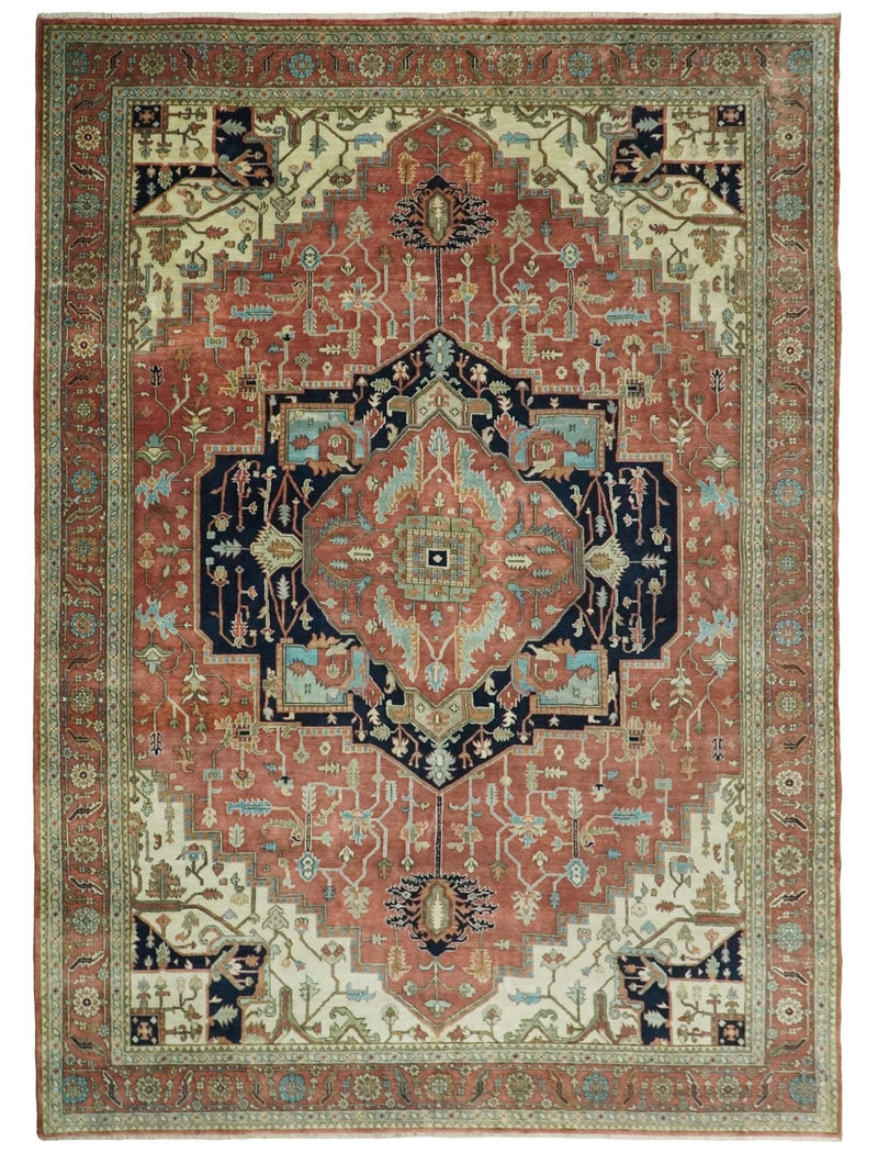10x14 Fine Hand Knotted Navy Blue and Rust Traditional Vintage Heriz Serapi Antique Wool Rug | TRDCP4801014