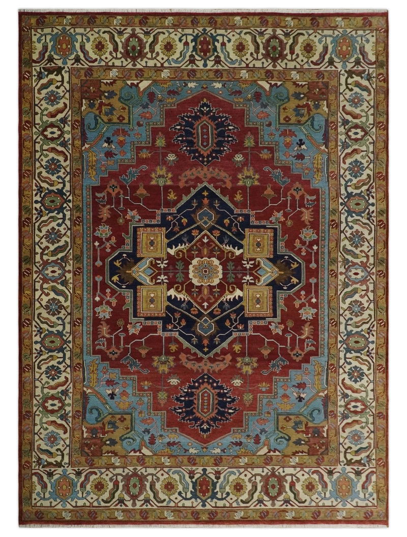10x14 Fine Hand Knotted Navy Blue, Rust and Ivory Traditional Vintage Heriz Serapi Antique Persian Wool Rug | TRDCP7311014