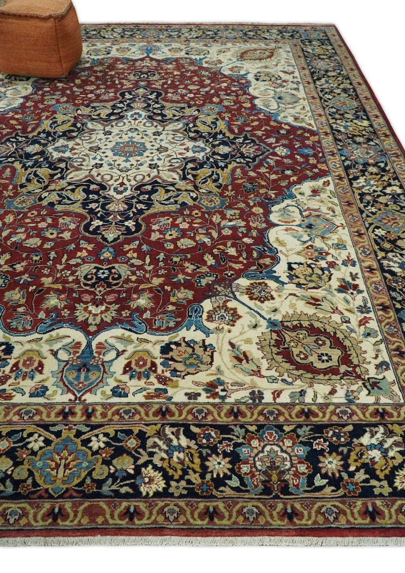 8x10 and 10x14 Fine Hand Knotted Rust, Ivory and Blue Traditional Vintage Heriz Serapi Antique Wool Rug