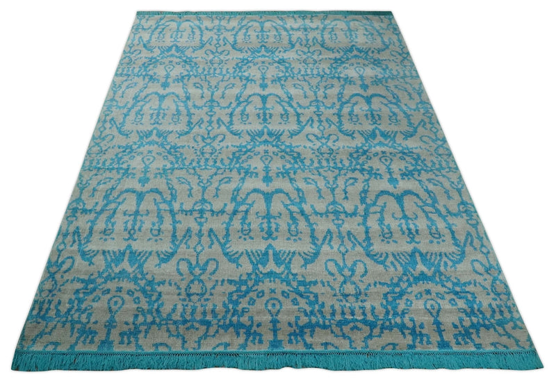 10x14 Hand Knotted Gray and Blue Modern Contemporary Southwestern Tribal Trellis Bamboo Silk Area Rug | OP34