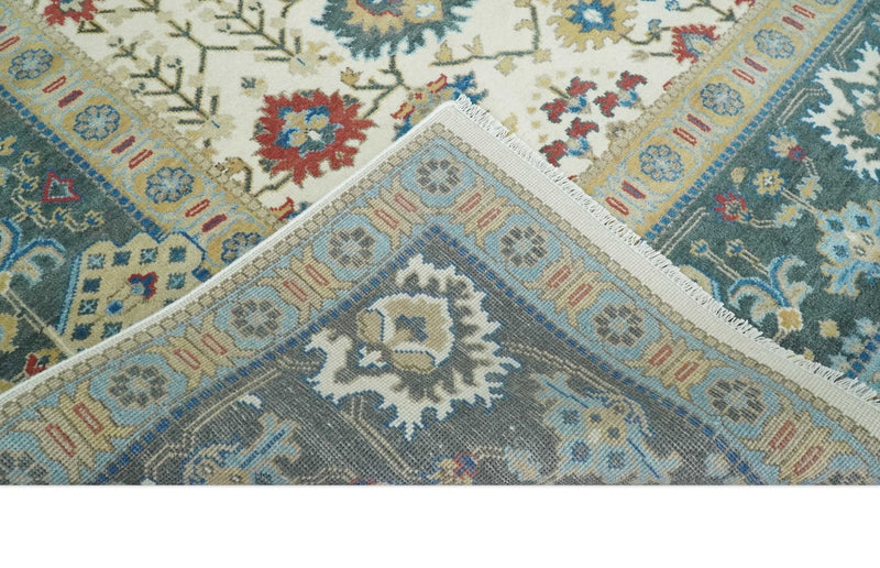 10x14 Hand Knotted Ivory, Camel and Teal Persian Oushak Wool Area Rug | TRDCP8941014