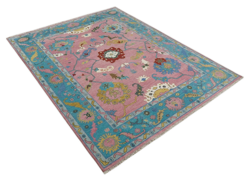 10x14 Wool Traditional Persian Pink and Blue Vibrant Colorful Hand knotted Oushak Area Rug | TRDCP7401014