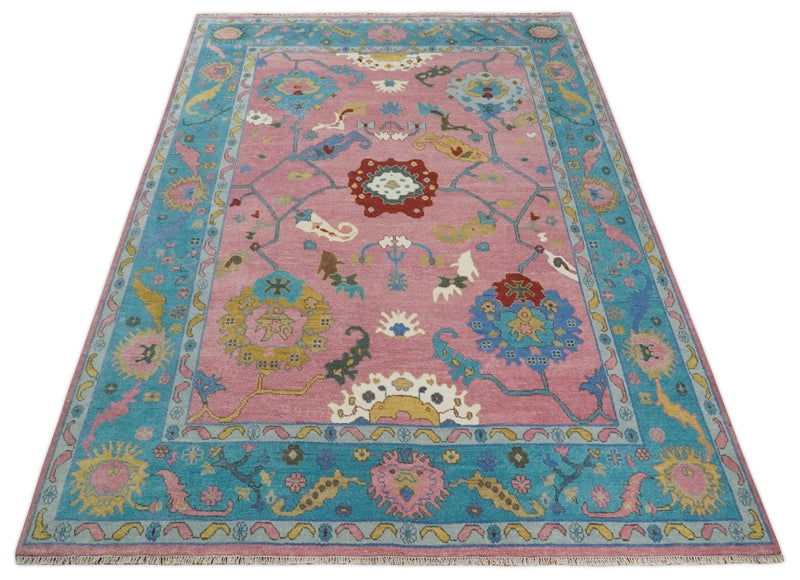 10x14 Wool Traditional Persian Pink and Blue Vibrant Colorful Hand knotted Oushak Area Rug | TRDCP7401014