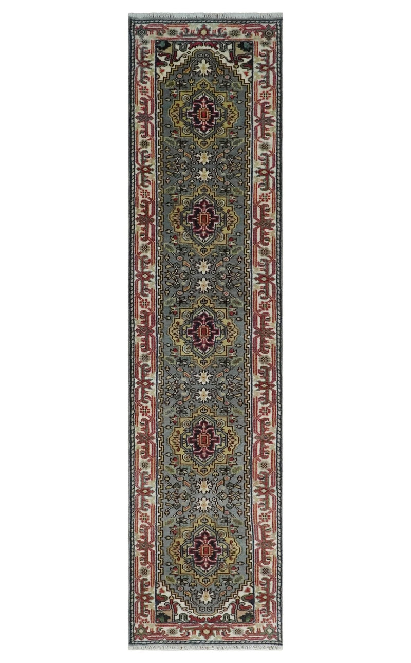 12 feet runner Mustard, Charcoal and Ivory Hand knotted Traditional wool Area Rug