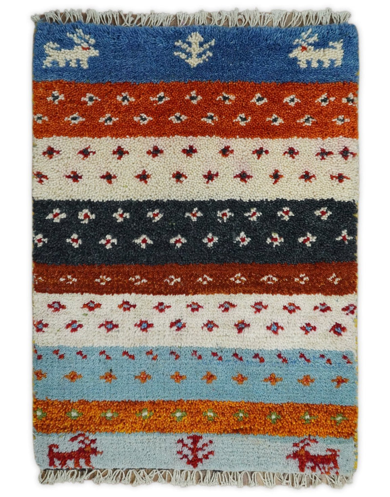 1.5x2 Blue Red and White Wool Hand Knotted traditional Vintage Antique Southwestern Gabbeh Rug| TRDCP353152