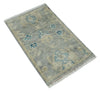 2x3 Hand Knotted Silver, Beige and Teal Traditional Wool Rug