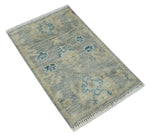 2x3 Hand Knotted Silver, Beige and Teal Traditional Wool Rug