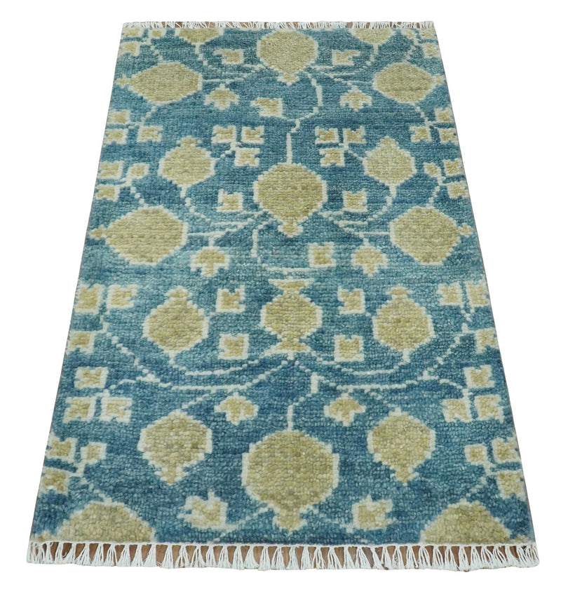 2x3 Hand Knotted Teal and Beige Balloon shape Oushak Wool Area Rug