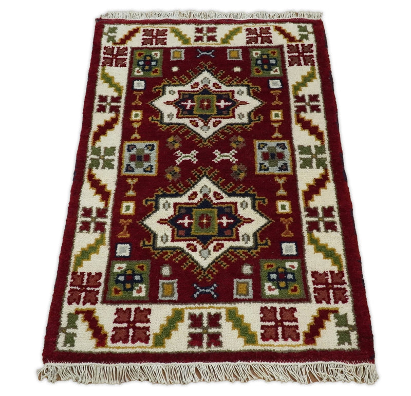 2x3 Hand Knotted traditional Kazak Red and Ivory Armenian Tribal Entryway Rug | KZA11
