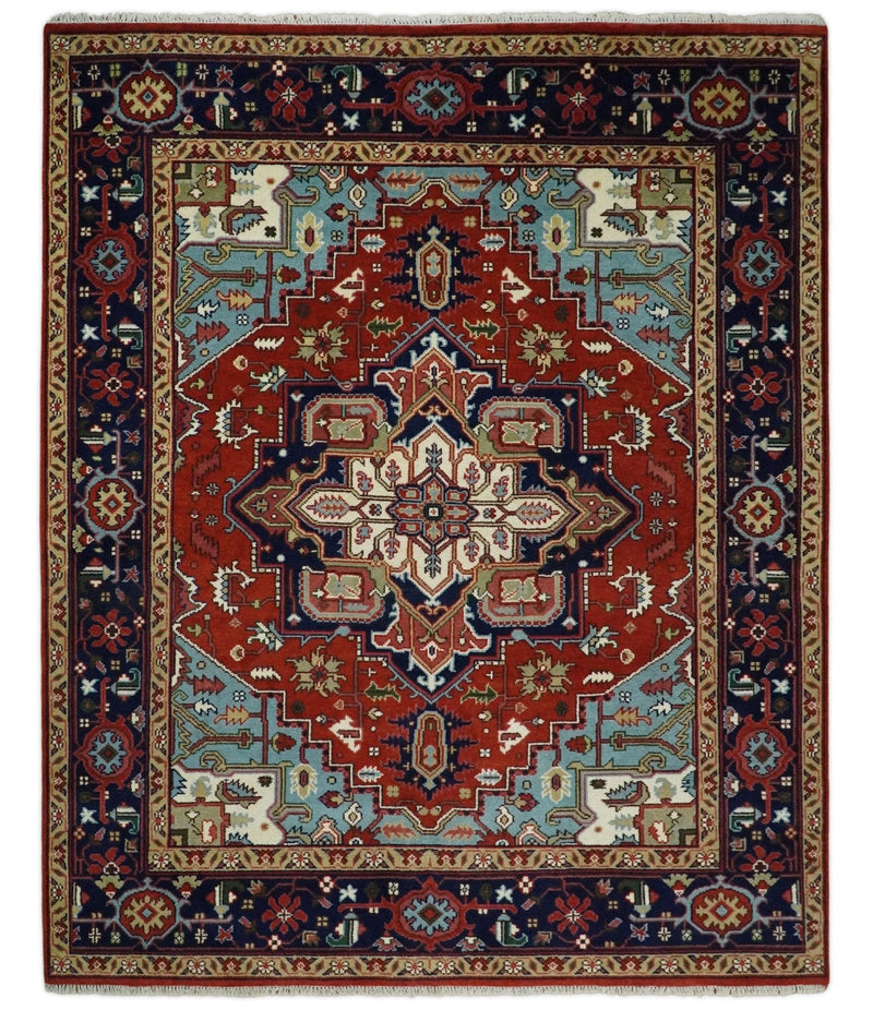 Ready to ship Rust and Blue Hand Knotted Traditional Persian Heriz Serapi Rug