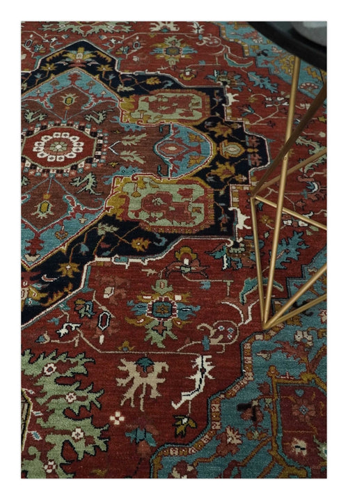 Hand Knotted Rust, Blue and Black Traditional Vintage Style Heriz Serapi Custom Made Wool Area Rug
