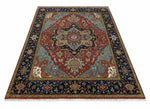 Hand Knotted Rust, Blue and Black Traditional Vintage Style Heriz Serapi Custom Made Wool Area Rug