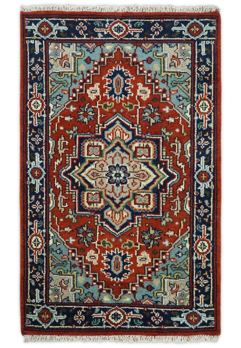 Rust and Blue Hand Knotted Traditional Heriz Serapi Multi Size wool Area Rug