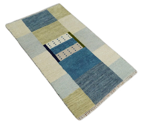 3x5 Blue and Ivory Wool Hand Knotted traditional Vintage Antique Southwestern Gabbeh | TRDCP34835