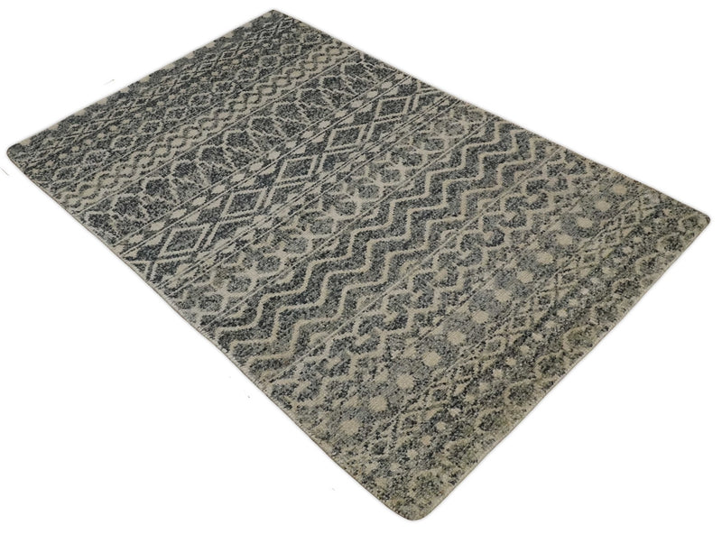 4x6 Hand Knotted Ivory, Black and Gray Modern Contemporary Southwestern Tribal Trellis Recycled Silk Area Rug | OP56