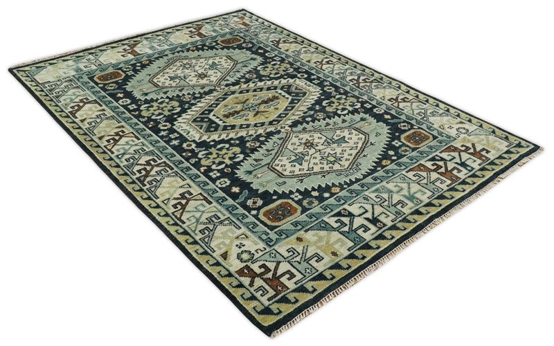 Custom Made Hand Knotted Blue, Ivory and Olive Traditional Oriental wool Area Rug