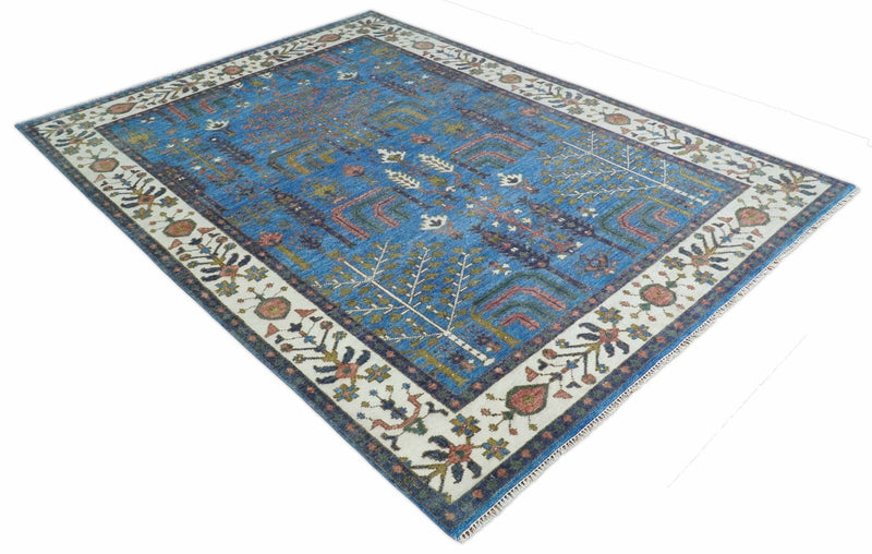 Tree of life Traditional Hand Knotted Blue and Ivory Multi Size Wool area Rug
