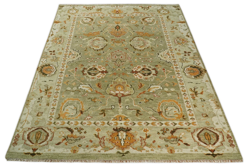 Custom Made Hand Knotted Green and beige Traditional Vintage Style Antique Wool Rug