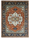 Hand Knotted Ivory, Blue and Rust Modern Traditional Heriz Serapi Multi Size Wool Area Rug