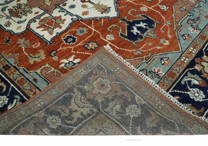 Hand Knotted Ivory, Blue and Rust Modern Traditional Heriz Serapi Multi Size Wool Area Rug