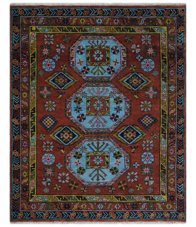 Hand Knotted Rust and Blue Traditional Antique look Multi Size Wool Area Rug