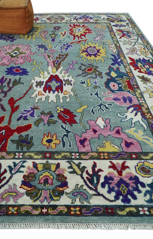 Vibrant colorful Silver, Ivory and Brown Hand Knotted Traditional Oushak Multi Size wool Area Rug