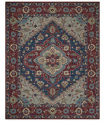 Red and Blue Hand Tufted Traditional Heriz Serapi Medallion Multi Size wool Area Rug