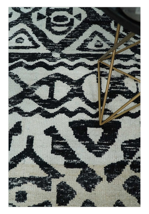 5x8 Hand Knotted Ivory and Black Antique Persian Style Contemporary Recycled Silk Area Rug | OP117