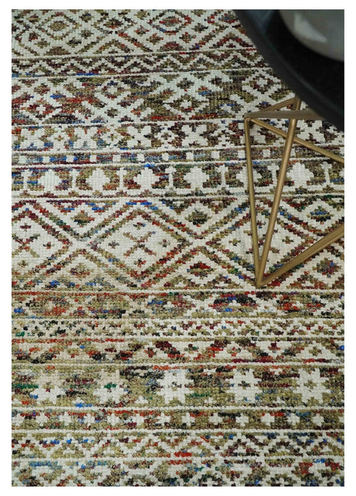 5x8 Hand Knotted Ivory, Olive and Rust Modern Contemporary Southwestern Tribal Trellis Recycled Silk Area Rug | OP121