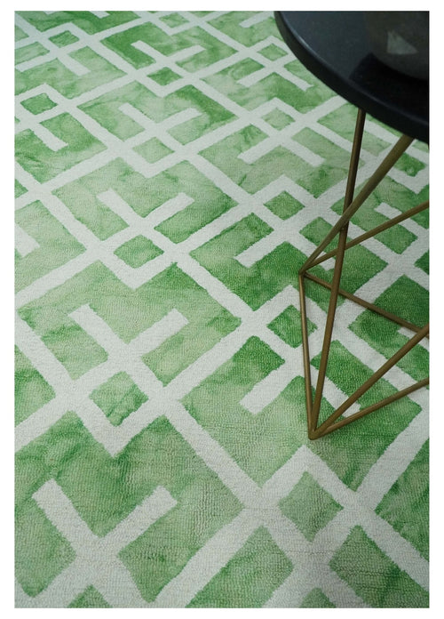5x8 Ivory and Green Stripes Pattern Hand Tufted Wool Area Rug