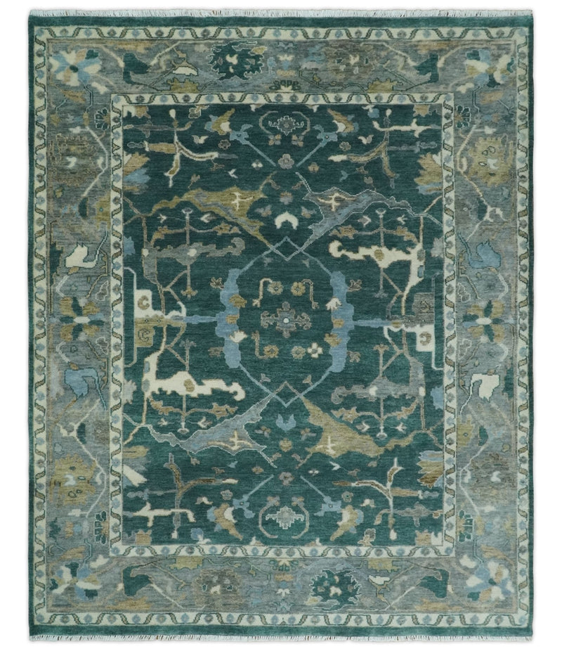 Hand Knotted Oriental Oushak Green and Gray Multi Size Wool Area Rug