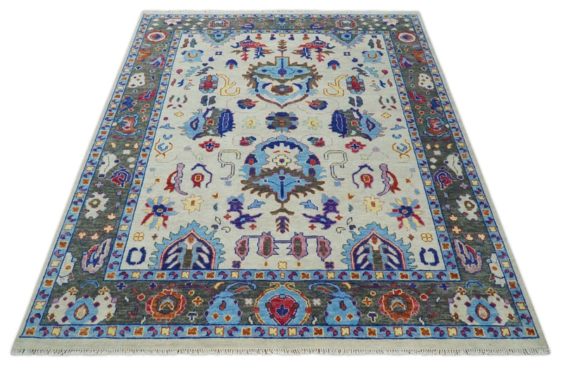 Custom Made Ivory and Gray Vibrant Colorful Hand knotted Traditional Oushak wool Area Rug