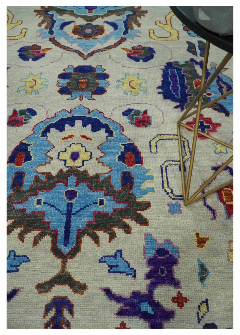 Custom Made Ivory and Gray Vibrant Colorful Hand knotted Traditional Oushak wool Area Rug