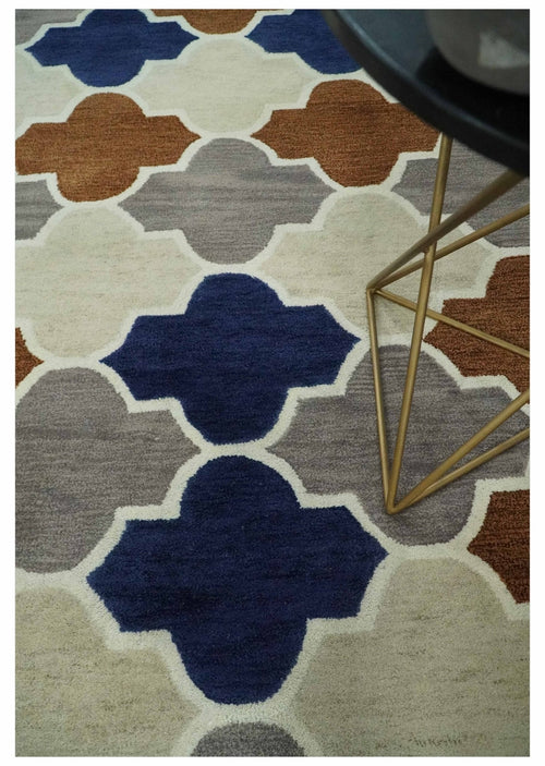 6x9 Ivory, Blue, Brown and Silver Ikat Pattern Hand Tufted Wool Area Rug