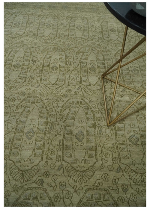 7.10x9.7 Traditional Ivory and Olive Antique Style Hand knotted Wool Area Rug, Kids, Living Room and Bedroom Rug