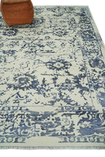 8x10 Hand knotted Ivory and Blue Modern Abstract Wool and Bamboo Silk Area Rug | TRDCP489810