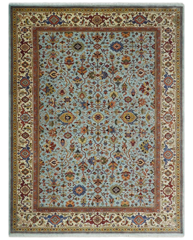 8x10 and 9x12 Fine Hand Knotted Blue and Ivory Traditional Vintage Antique Persian Wool Rug | TRDCP853