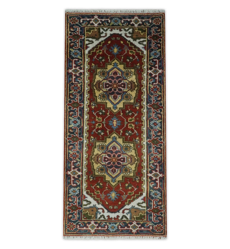 8x10 and 9x12 Hand Knotted Brown, Mustard, Ivory and Blue Traditional Wool Area Rug