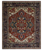 8x10 and 9x12 Traditional Rust, Ivory and Blue Hand knotted wool Area Rug