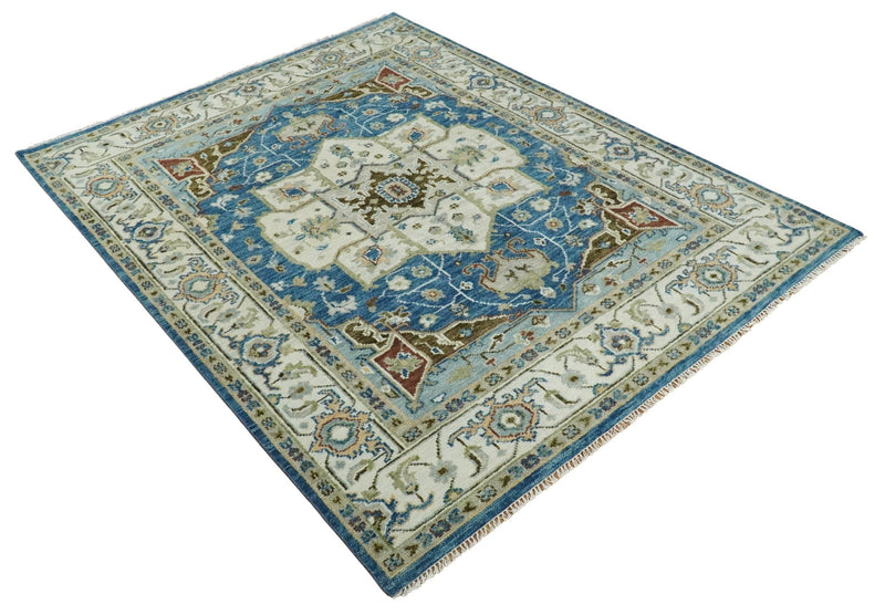 Blue and Ivory Wool Traditional Persian Antique Vintage Hand knotted Oushak Area Rug | TRDCP207