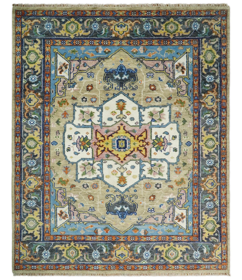 Ivory, Beige, Blue and Charcoal Traditional Heriz Hand Knotted Multi Size wool Area Rug