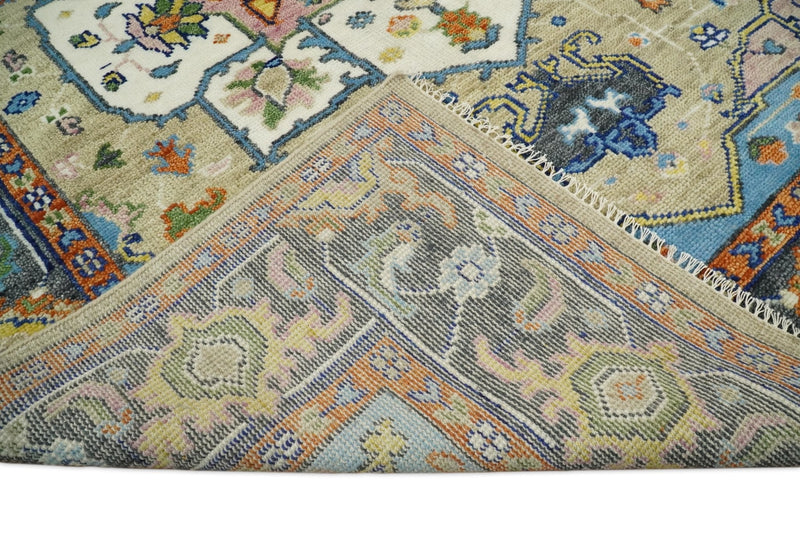 Ivory, Beige, Blue and Charcoal Traditional Heriz Hand Knotted Multi Size wool Area Rug