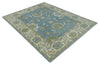 8x10 Blue, Ivory and Olive Hand Knotted Heriz Serapi Floral Area Rug | TRDCP1181810