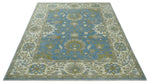 8x10 Blue, Ivory and Olive Hand Knotted Heriz Serapi Floral Area Rug | TRDCP1181810