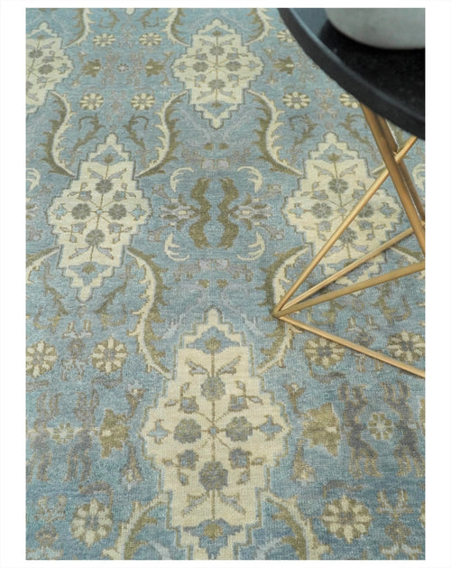 8x10 Fine Hand Knotted Blue and Ivory Traditional Ikat Design Antique Wool Rug | TRDCP462810