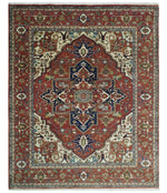 8x10 and 9x12 Fine Hand Knotted Blue, Ivory and Rust Traditional Vintage Heriz Serapi Antique Wool Rug | TRDCP470