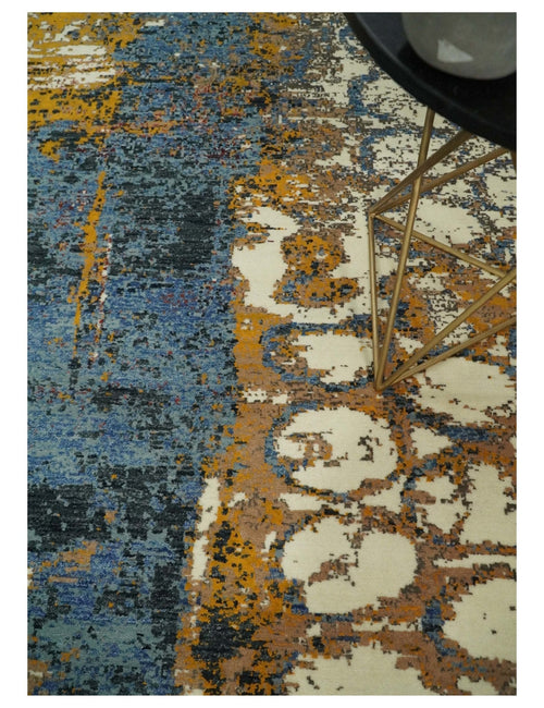 8x10 Fine Hand Knotted Ivory and Blue Modern Abstract Style Antique Wool and Silk Area Rug | TRDCP631810